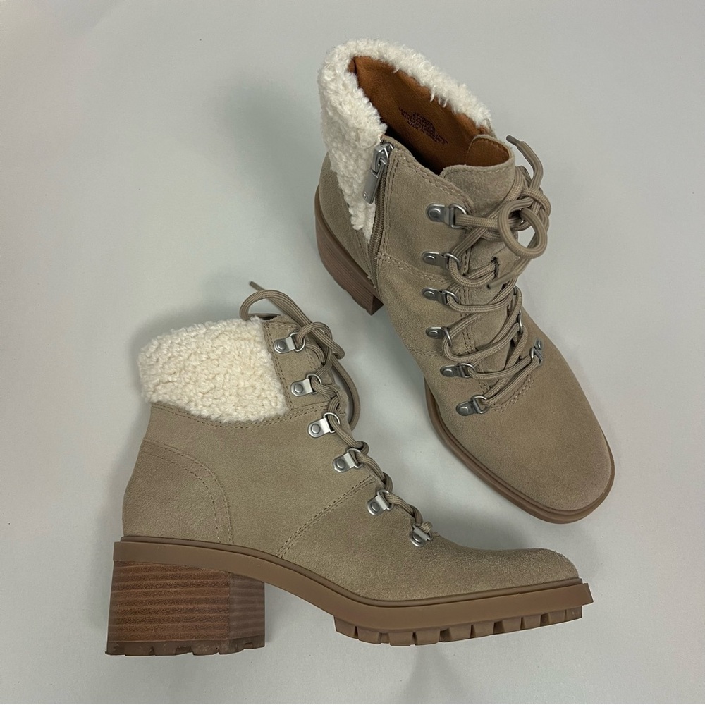 Lucky Brand Demia Leather Faux Shearling Ankle Boots Size 8.5 Lug Sole Booties